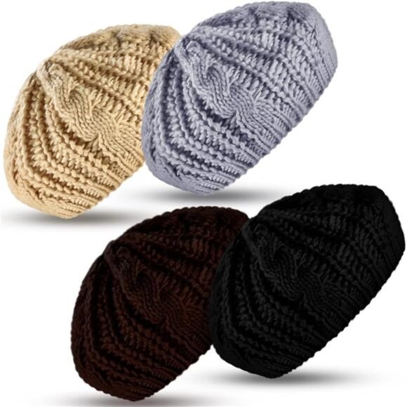 4 Pieces Women's Knit Beret Hats Soft Lightweight Crochet Knit Beret